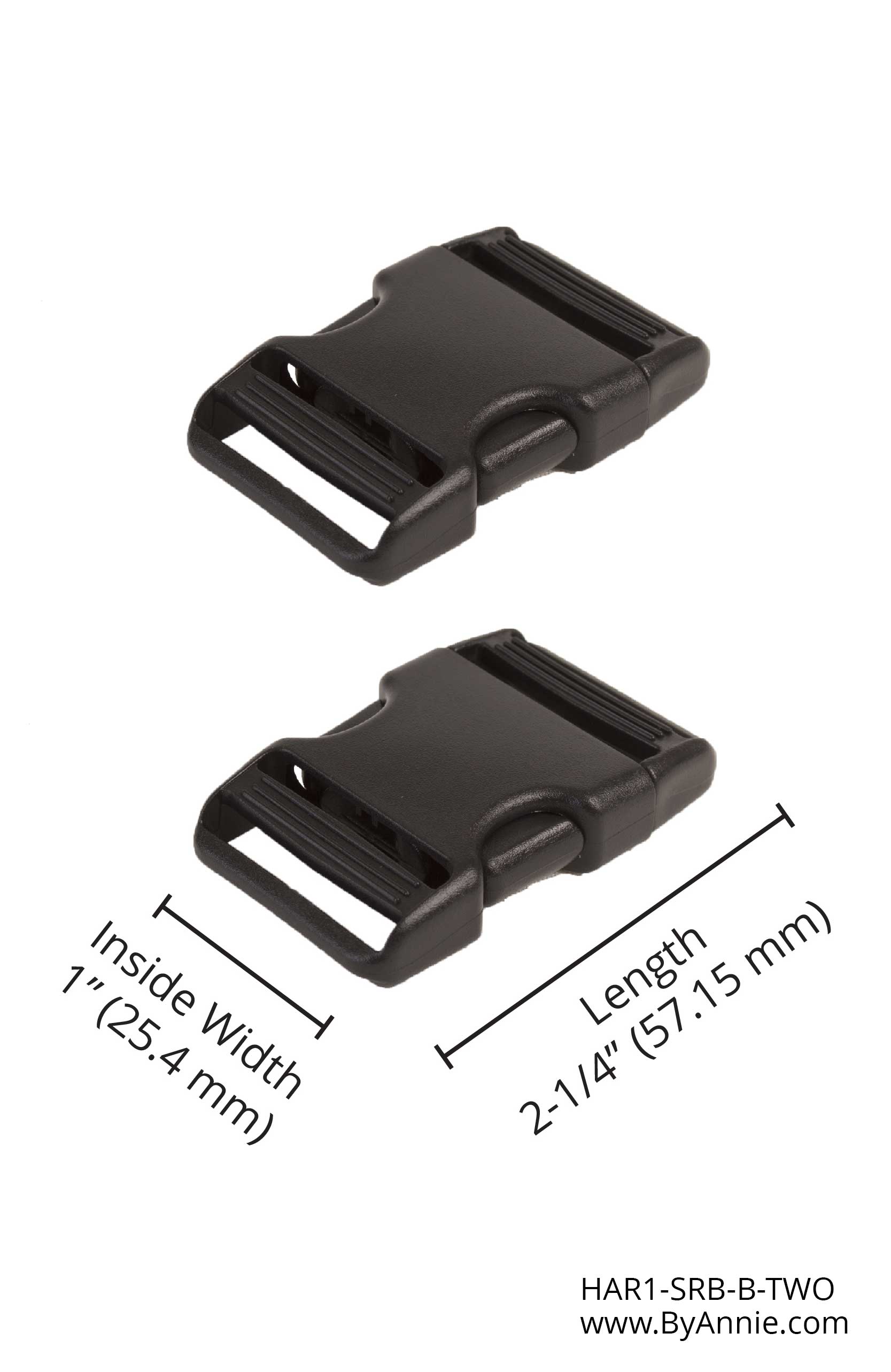 Side-release Buckle 1" Black Plastic - Set of Two