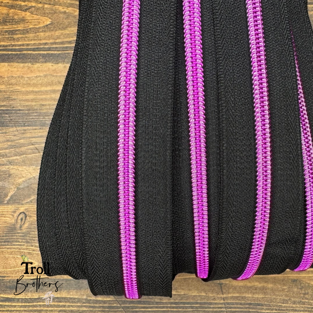 Rectangle Pull Zipper Pack - Black Zipper Tape with Pink Teeth