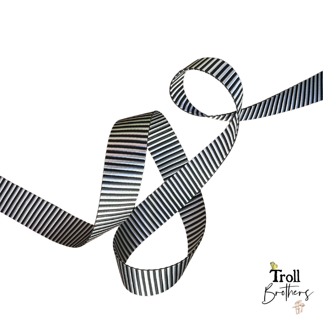 Satin Pinstripe Webbing 1 1/2" wide Black & Silver/White - PER QUARTER METRE