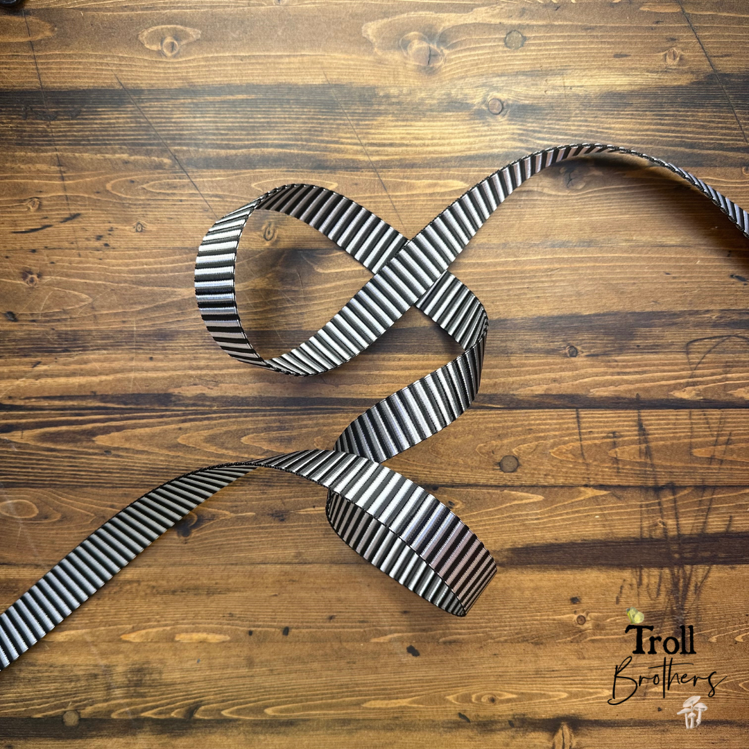 Satin Pinstripe Webbing 1" wide Black & Silver/White - PER QUARTER METRE