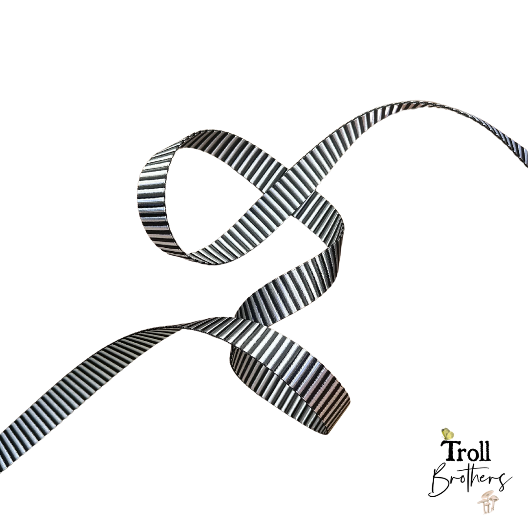 Satin Pinstripe Webbing 1" wide Black & Silver/White - PER QUARTER METRE