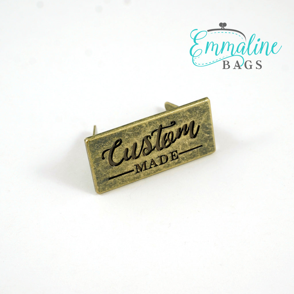 Metal Bag Label: "Custom Made" - Large Antique Brass