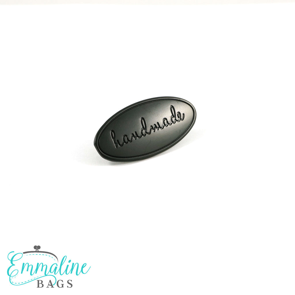 Metal Bag Label: Oval with "Handmade" - Matte Black