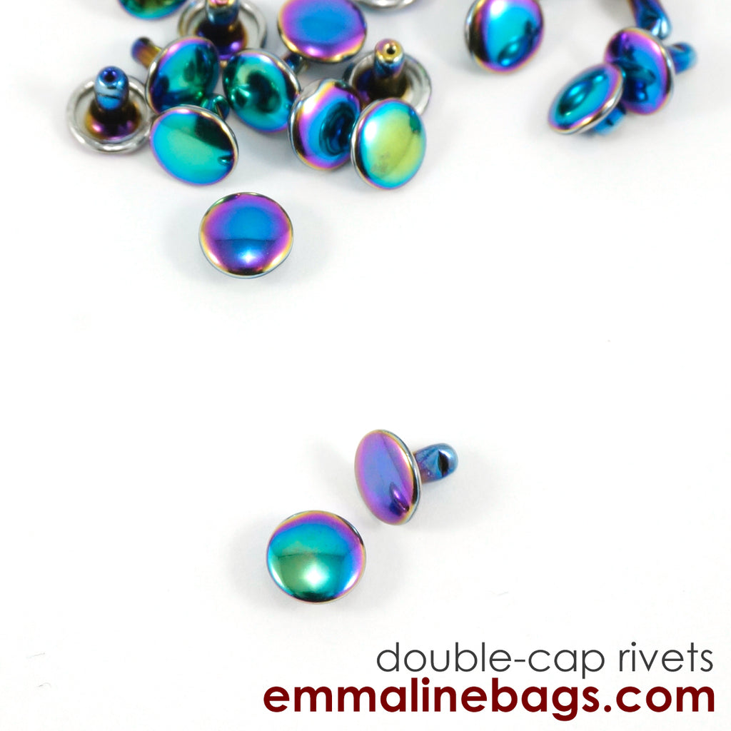 Double Cap Rivets - Medium (9 mm Cap x 8 mm Post) - Iridescent Rainbow - 20 Pack