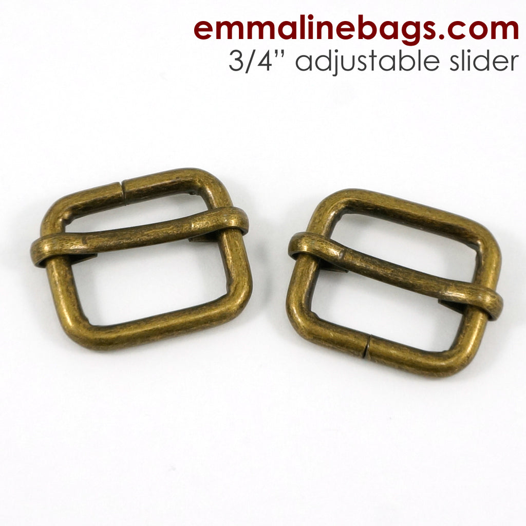 Adjustable Sliders 3/4" Wide:  18mm (3/4") x 16 mm (5/8") x 3 mm thick Antique Brass - 2 Pack