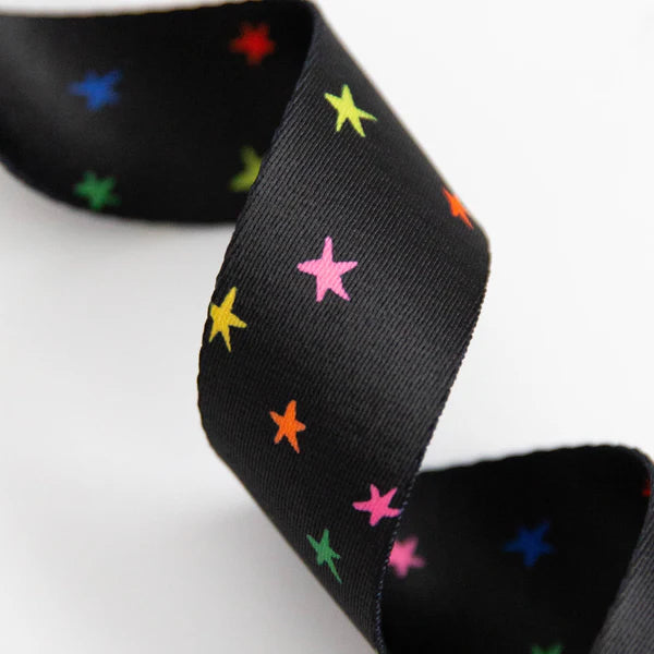 Starry Vivid Rainbow on Black Webbing - 1 1/2" - Alexia Marcelle Abegg - PER QUARTER METRE / 10" CUT