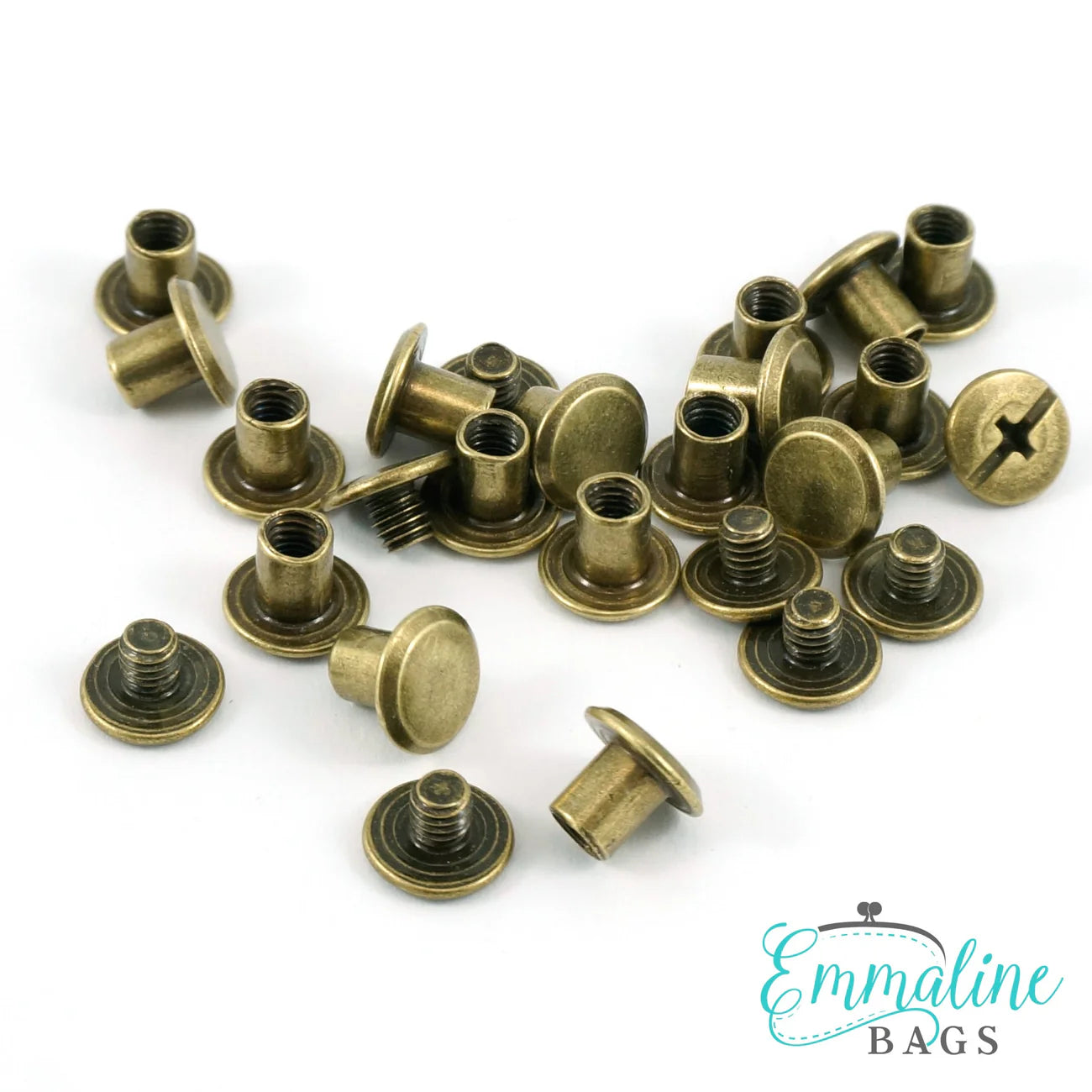 Chicago Screws: Medium: 3/8" Caps x 1/4" Posts (10 mm x 6 mm) - Antique Brass - 50 Pack