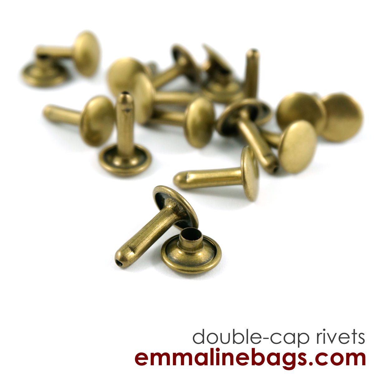 Double Cap Rivets - Large: 3/8" Caps x 7/16" Post (9 mm x 10 mm) - Antique Brass - 50 Pack