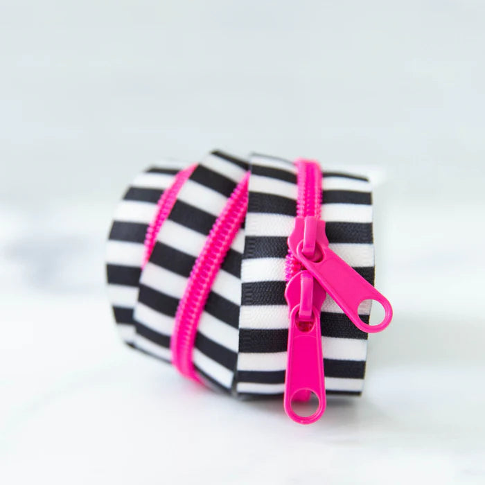 30" Zipper Black & White Stripe -Neon Pink