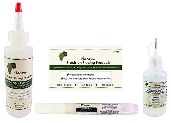 Acorn Precision Piecing Products Easy Precision Piecing Starter Kit (Contains 4oz. Easy Press Fabric Treatment, Easy Press Pen, & 1oz SeamAlign Gentle Hold Fabric Glue)