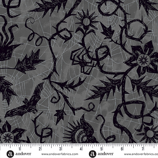 PRE ORDER JUNE 2024 - Nevermore Vine Spiderweb Grey - Andover Fabrics - PER QUARTER METRE