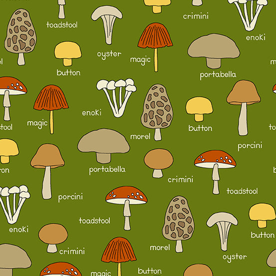Give Thanks Mushrooms Green - Kim Schaefer - PER QUARTER METRE