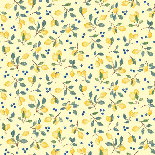 Squeeze the Day Lemon and Blueberries Yellow - Rebecca Canale - PER QUARTER METRE
