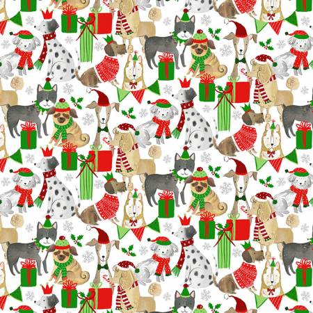 Happy Howlidays Holiday Dogs With Presents White - PER QUARTER METRE