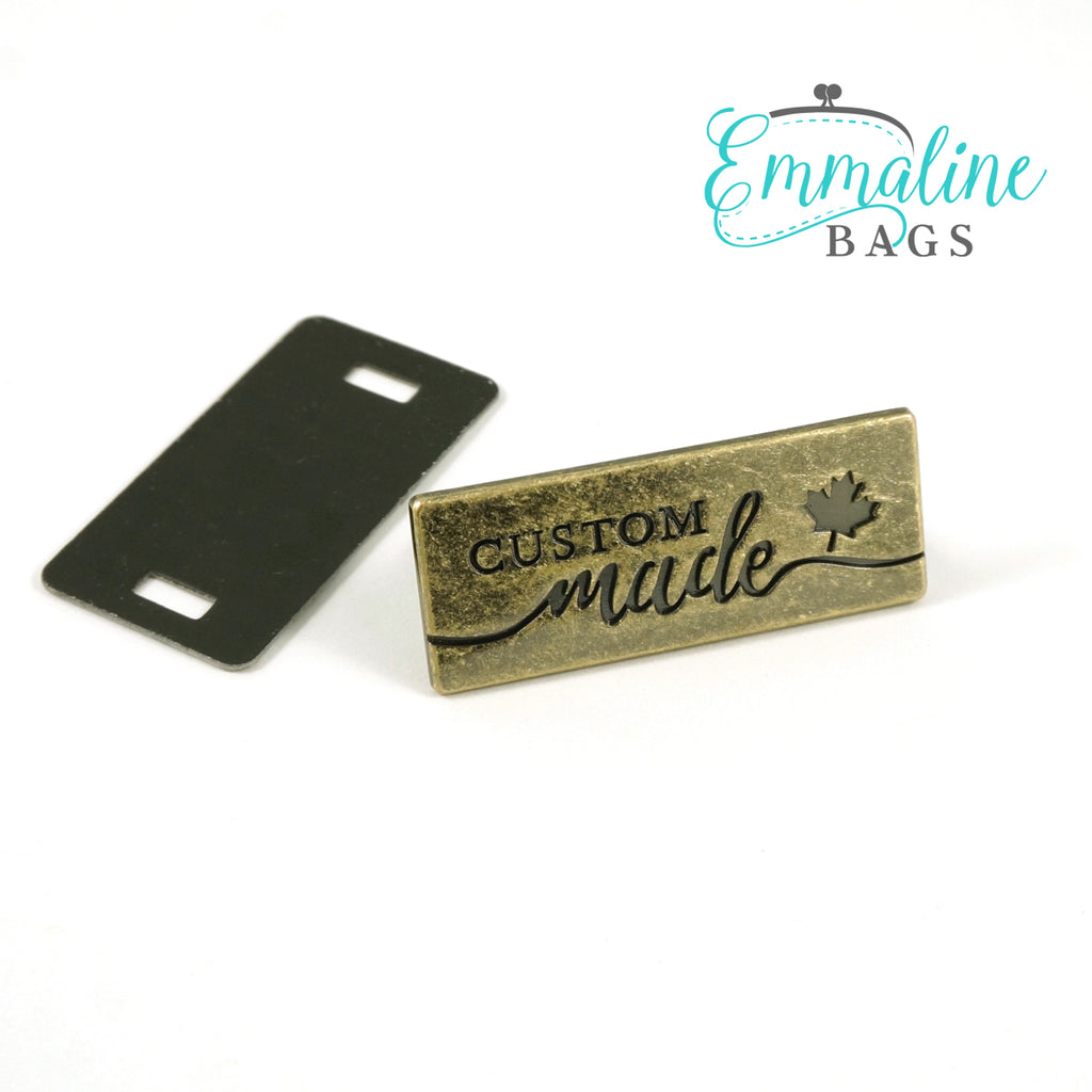 Metal Bag Label: &quot;Custom Made&quot; - with Maple Leaf Antique Brass