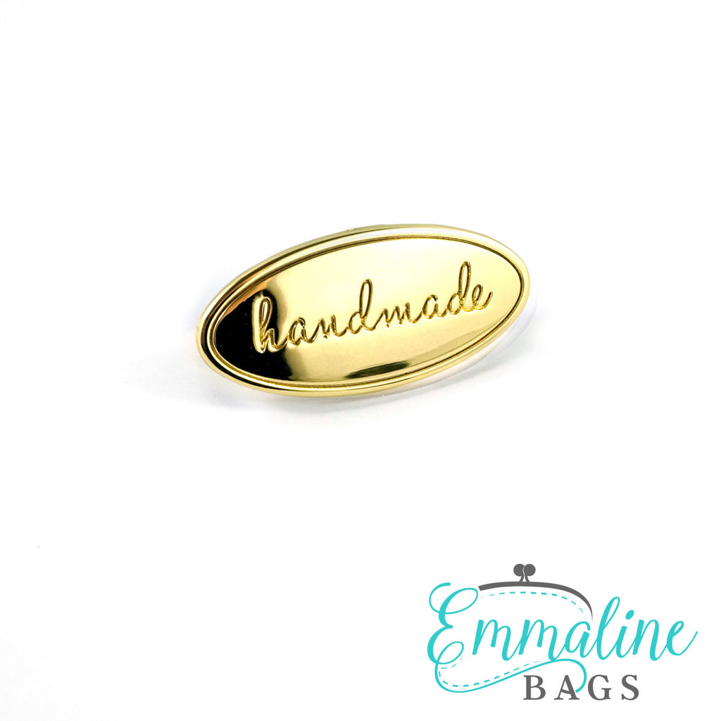 Metal Bag Label: Oval with &quot;Handmade&quot; - Gold
