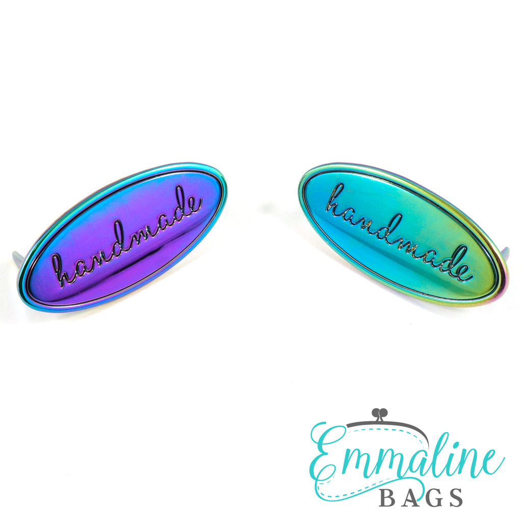 Metal Bag Label: Oval with &quot;Handmade&quot; - Iridescent Rainbow (1 Pack)