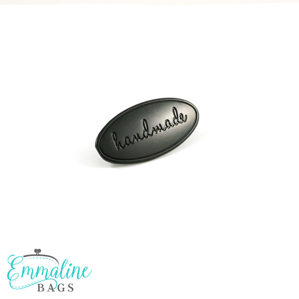 Metal Bag Label: Oval with &quot;Handmade&quot; - Matte Black