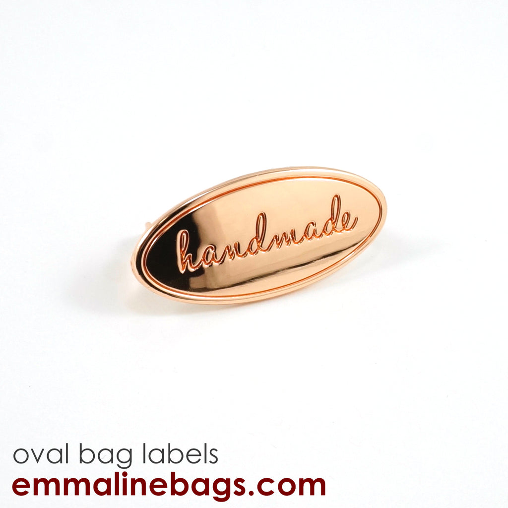 Metal Bag Label: Oval with &quot;Handmade&quot; - Rose Gold