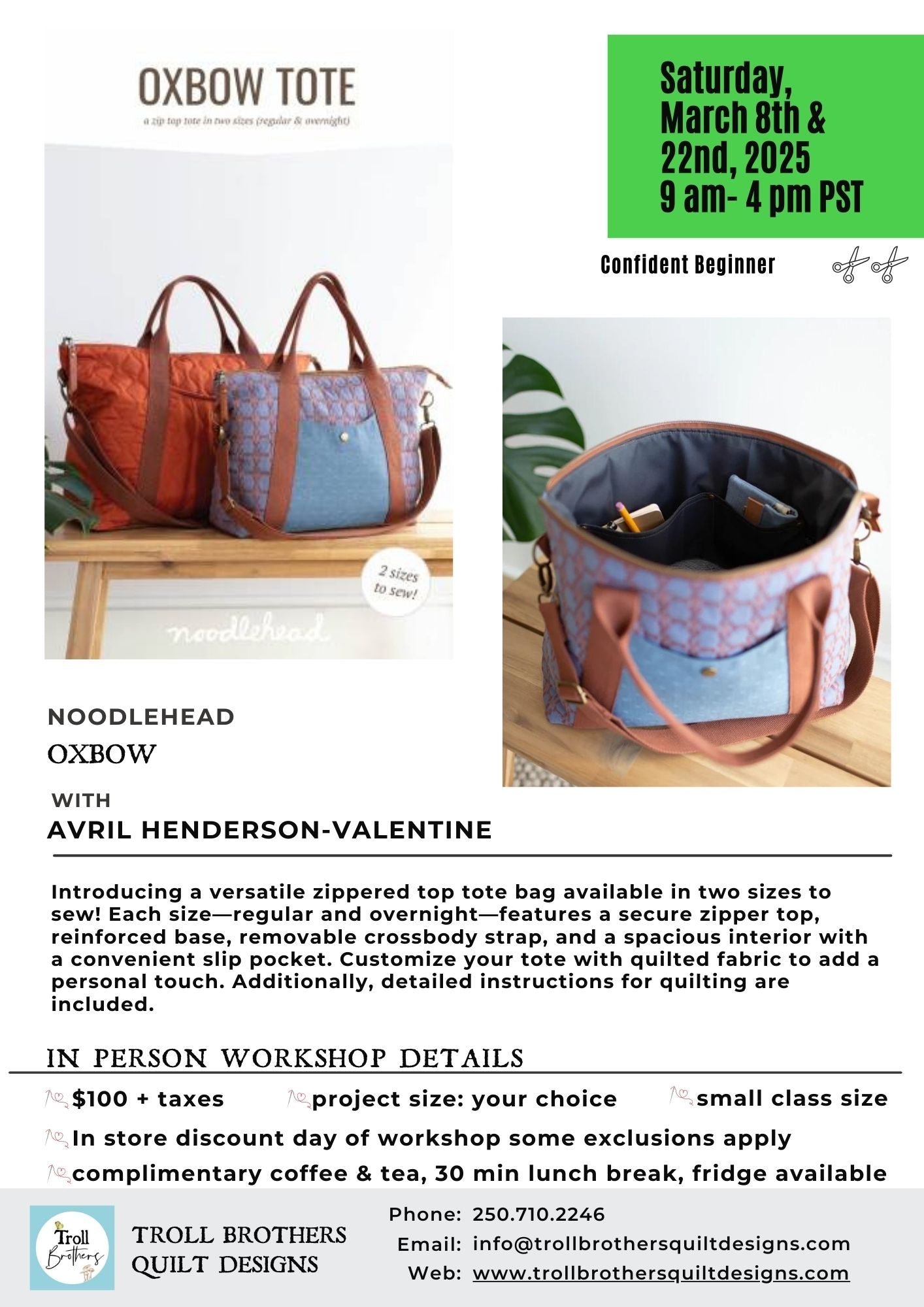 Oxbow Tote - In Person Workshop with Avril Valentine - March 8th & March 22nd Oxbow Tote - In Person Workshop with Avril Valentine - March 8th & March 22nd
