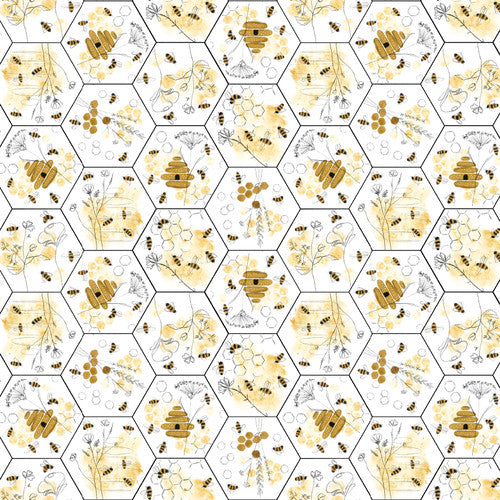 Royal Jelly Bees &amp; Floral in Large Honeycomb Ivory - Jan Archer - PER QUARTER METRE