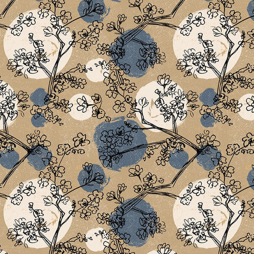 Modern Abstractions Dots with Flower Sketches Tan - Bentpath Studio - PER QUARTER METRE