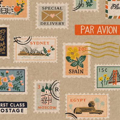 Rifle Paper Co. Bon Voyage Postage Stamps Unbleached Canvas Metallic - Cotton + Steel - PER QUARTER METRE