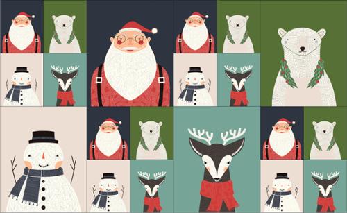 Merrymaking Santa Snowman Reindeer Bear Panel - Gingiber - PER PANEL