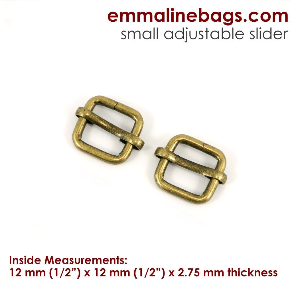 Adjustable Sliders 1/2&quot; Wide 12mm (1/2&quot;) x 12 mm (1/2&quot;) x 2.75 mm thick Antique Brass - 2 Pack