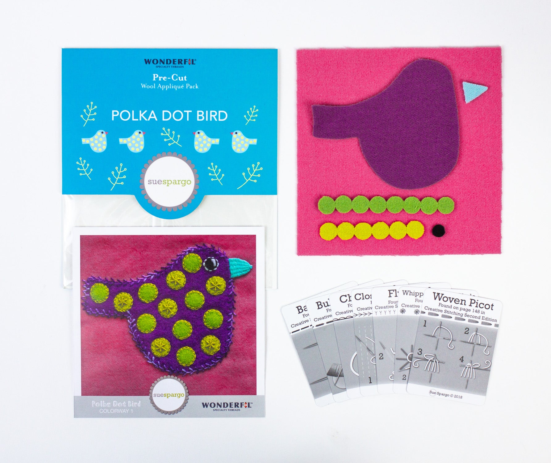 Pre-cut Wool Kit Polka Dot Bird Colourway 1 - Sue Spargo